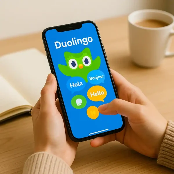 Person bruger Duolingo-appen til at lære sprog på sin smartphone